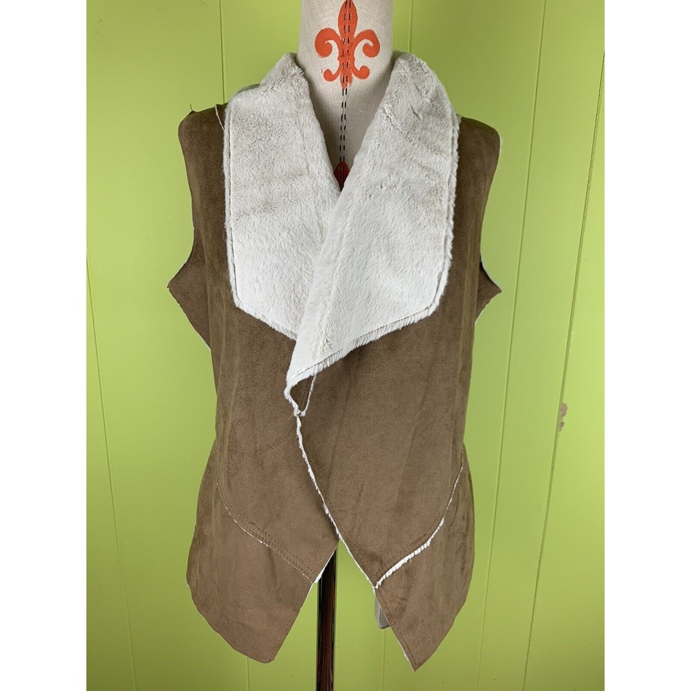 Me Jane Women's Beige Faux Suede High Low Shawl Neck Open Front Vest Size Large